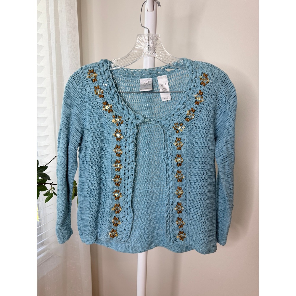 Emma James Liz Claiborne Blue Crochet Beaded Floral Tie Front Cardigan Sweater S - Picture 2 of 6